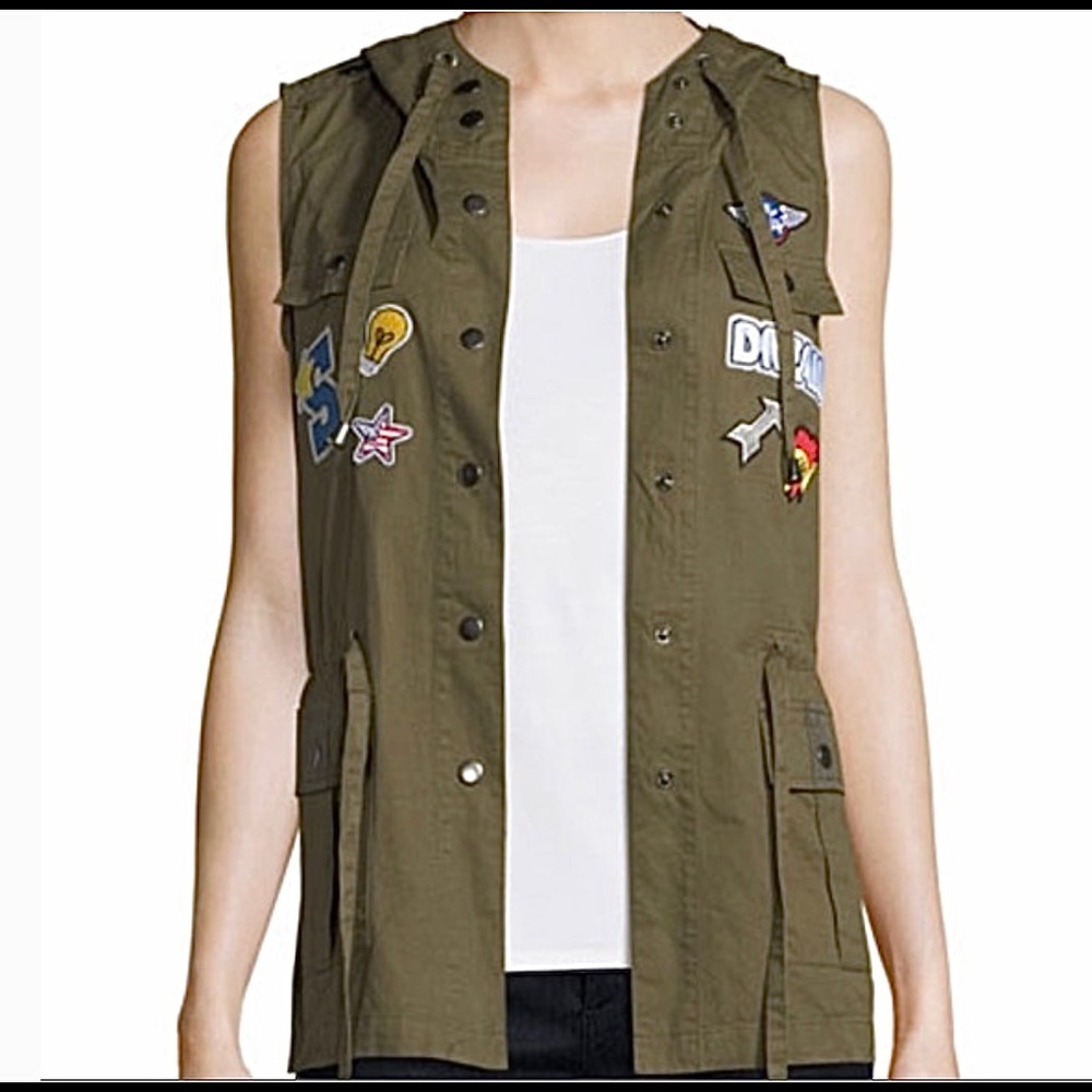 Romeo+Juliet Olive Patched Hoodie Army Vest - Picture 1 of 8